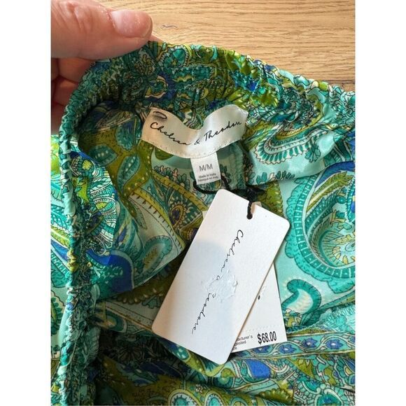 NWT Chelsea & Theodore Green Blue Paisley Print Boho Satin Wide Leg Pants - Picture 5 of 5